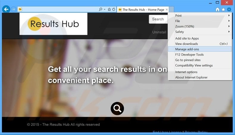 Eliminando los anuncios de The Results Hub de Internet Explorer paso 1