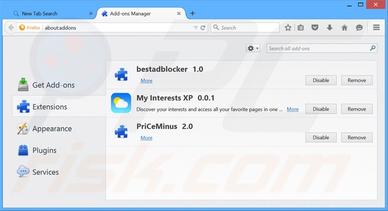 Eliminando search.myinterestsxp.com de las extensiones de Mozilla Firefox