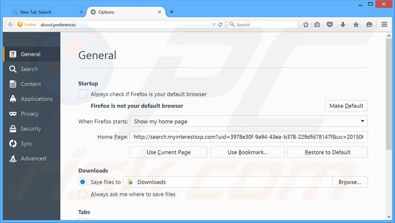 Eliminando search.myinterestsxp.com de la página de inicio de Mozilla Firefox