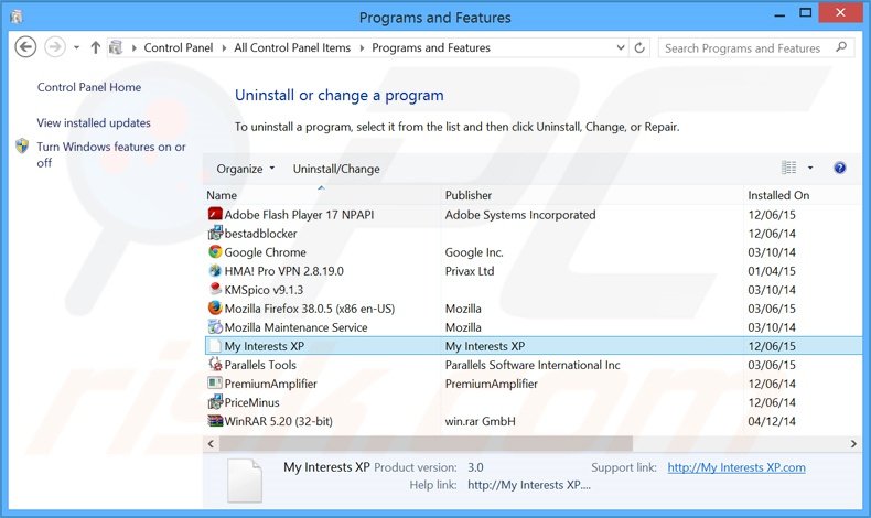 desinstalar el secuestrador de navegadores search.myinterestsxp.com desde el Panel de control