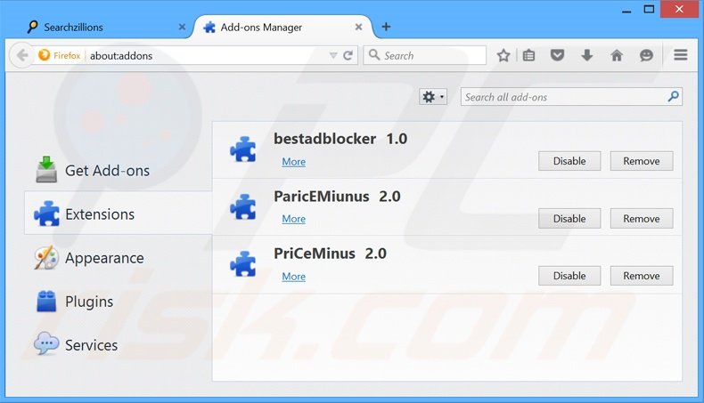 Eliminando searchzillions.com de las extensiones de Mozilla Firefox