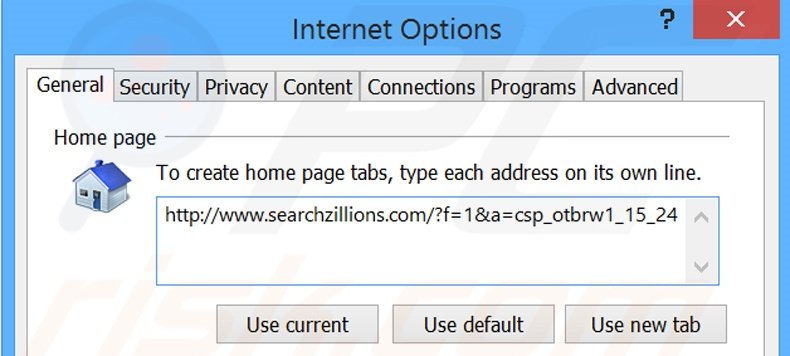 Eliminando searchzillions.com de la página de inicio de Internet Explorer