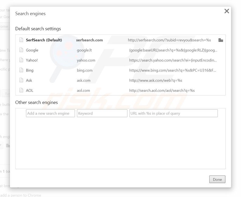 Eliminando serfsearch.com del motor de búsqueda por defecto de Google Chrome