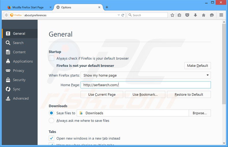 Eliminando serfsearch.com de la página de inicio de Mozilla Firefox