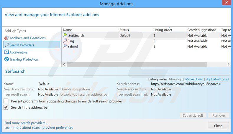 Eliminando serfsearch.com del motor de búsqueda por defecto de Internet Explorer