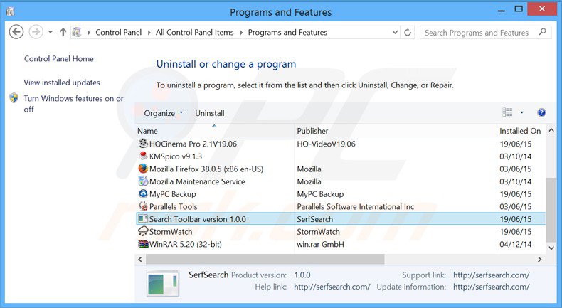 desinstalar el secuestrador de navegadores serfsearch.com desde el Panel de control