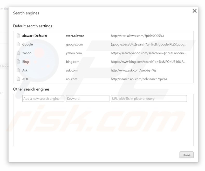 Eliminando start.alawar.com del motor de búsqueda por defecto de Google Chrome