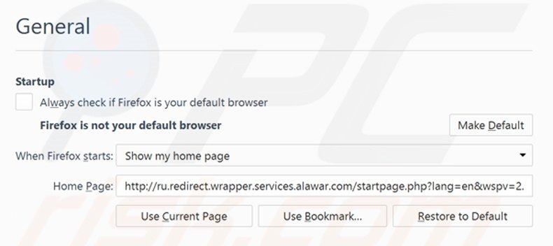 Eliminando start.alawar.com de la página de inicio de Mozilla Firefox