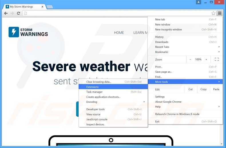 Eliminando los anuncios de Storm Warnings de Google Chrome paso 1