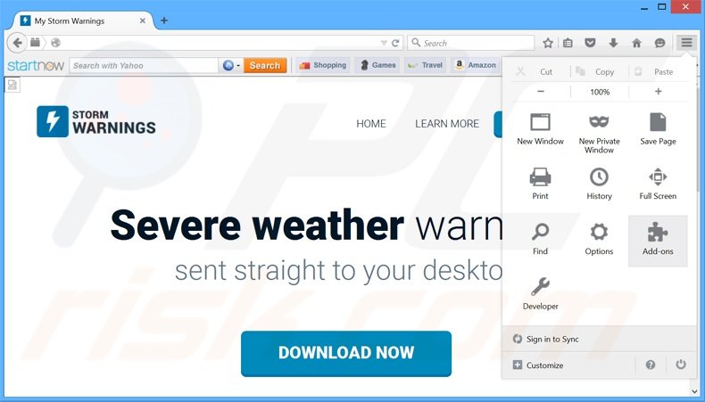 Eliminando los anuncios de Storm Warnings de Mozilla Firefox paso 1