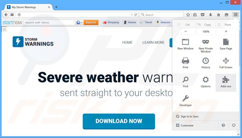 Eliminando los anuncios de Storm Warnings de Mozilla Firefox paso 1