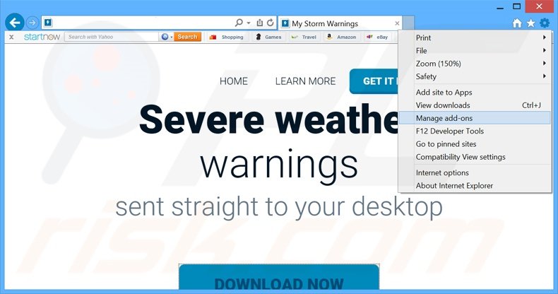 Eliminando los anuncios de Storm Warnings de Internet Explorer paso 1