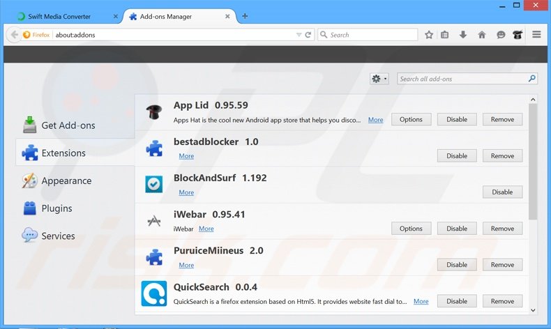 Eliminando los anuncios de Swift Media Converter de Mozilla Firefox paso 2