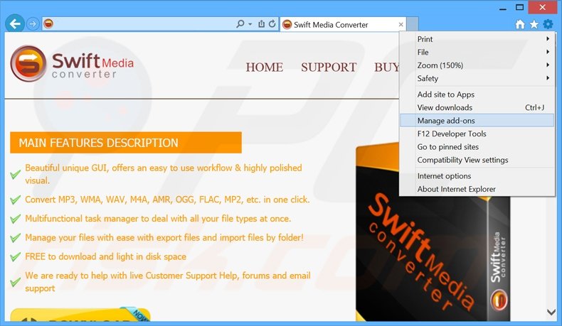 Eliminando los anuncios de Swift Media Converter de Internet Explorer paso 1