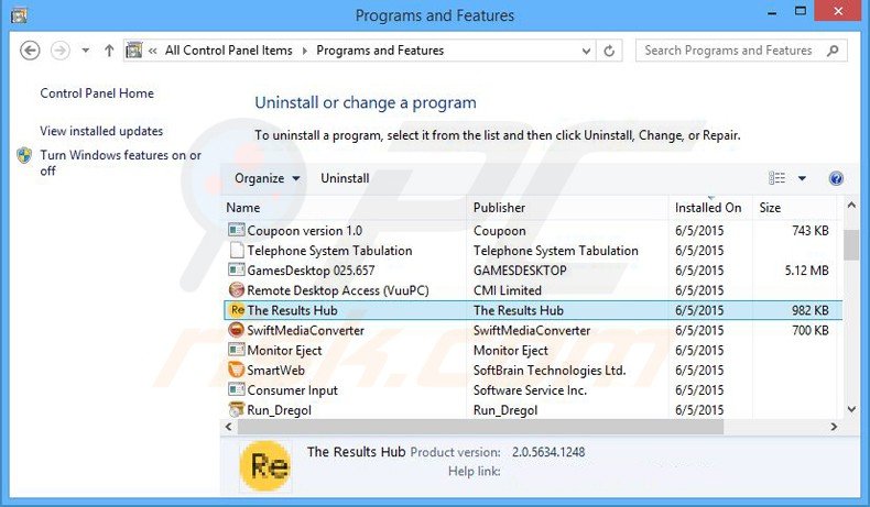 desinstalar el adware the results hub del Panel de control