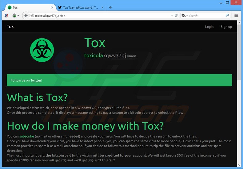 Sitio web del virus criptográfico tox
