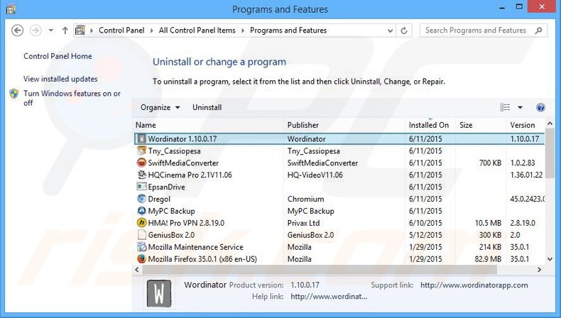 desinstalar el adware Wordinator del Panel de control