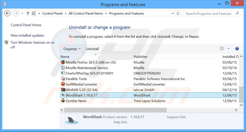 desinstalar el adware wordshark del Panel de control