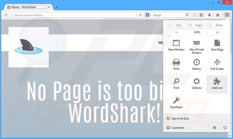 Eliminando los anuncios de Word Shark de Mozilla Firefox paso 1