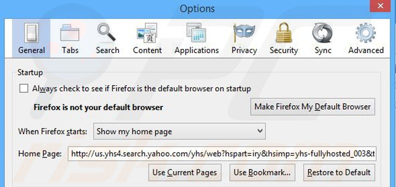 Eliminando yhs4.search.yahoo.com de la página de inicio de Mozilla Firefox