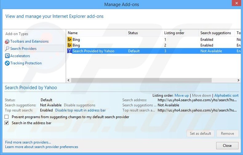 Eliminar yhs4.search.yahoo.com del motor de búsqueda por defecto de Internet Explorer