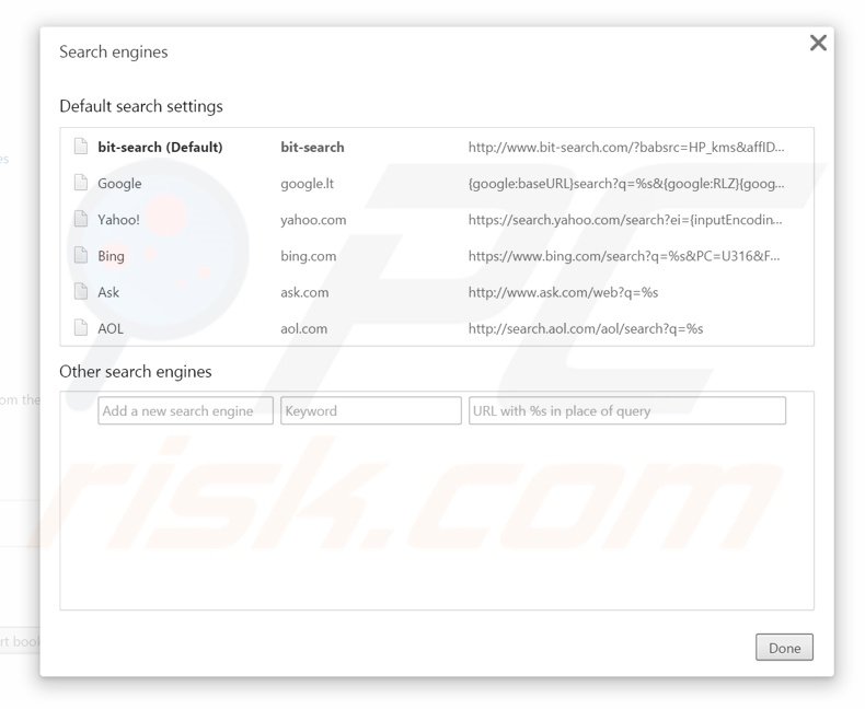 Eliminando bit-search.com del motor de búsqueda por defecto de Google Chrome