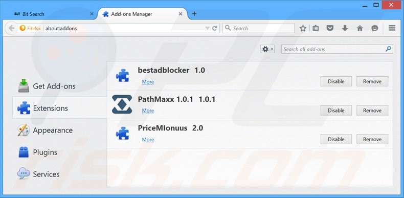 Eliminando bit-search.com de las extensiones de Mozilla Firefox