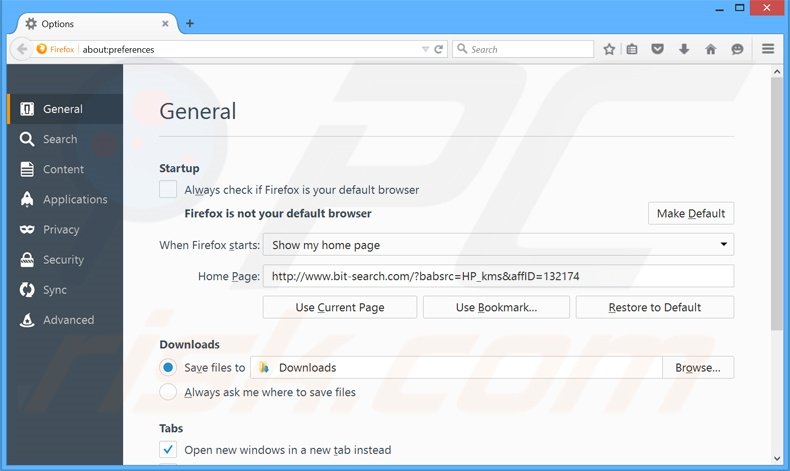 Eliminando bit-search.com de la página de inicio de Mozilla Firefox