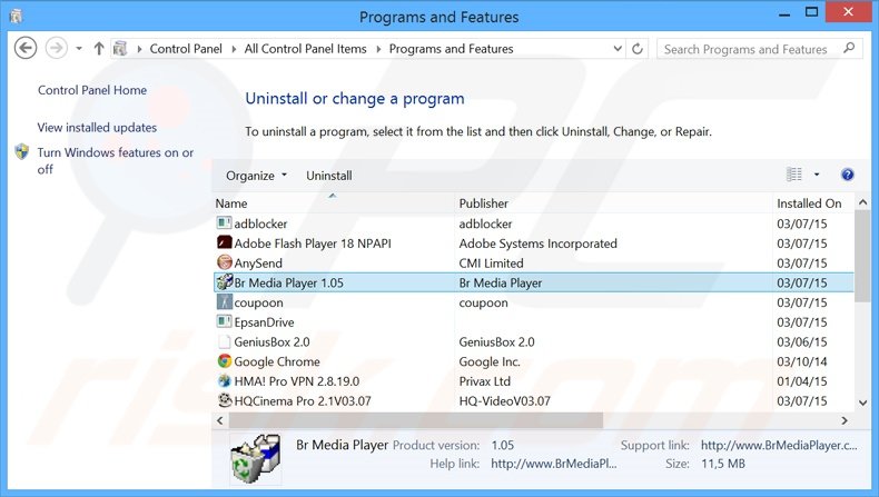 desinstalar el adware Br Media Player del Panel de control