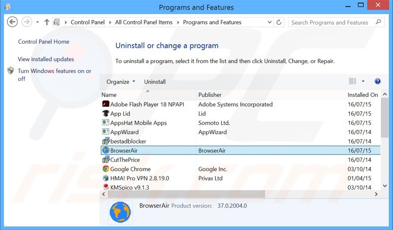 desinstalar el adware BrowserAir del Panel de control