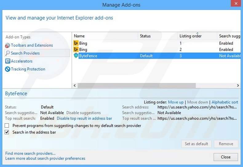 Eliminando ByteFence del motor de búsqueda por defecto de Internet Explorer