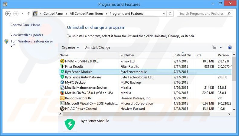desinstalar el secuestrador de navegadores ByteFence desde el Panel de control
