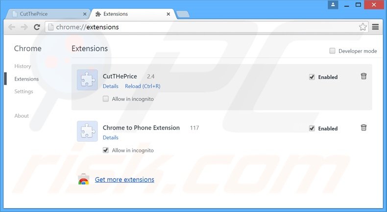 Eliminando los anuncios CutThePrice de Google Chrome paso 2