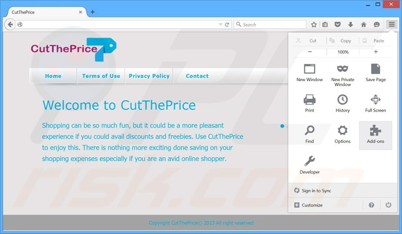 Eliminando los anuncios CutThePrice de Mozilla Firefox paso 1