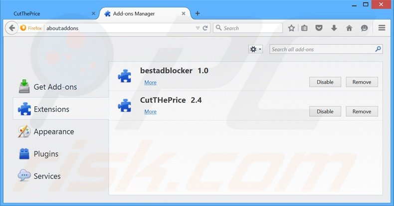 Eliminando los anuncios CutThePrice de Mozilla Firefox paso 2