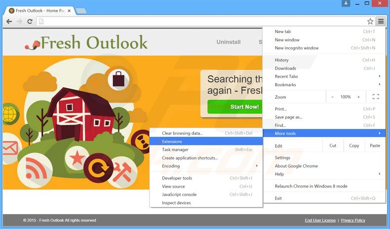 Eliminando los anuncios de Fresh Outlook de Google Chrome paso 1