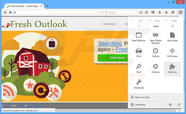 Eliminando los anuncios de Fresh Outlook de Mozilla Firefox paso 1