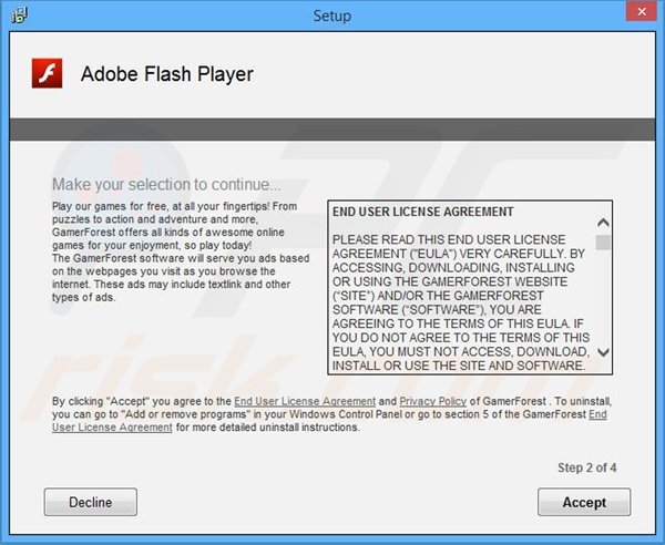 Instalador engañoso usado para distribuir el adware GamerForest