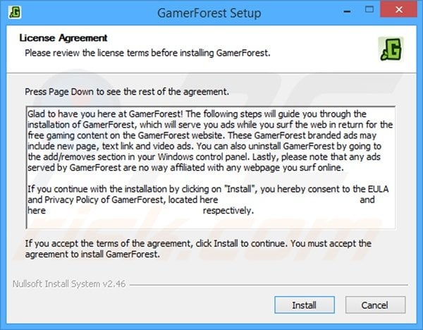 Instalador del software publicitario GamerForest: