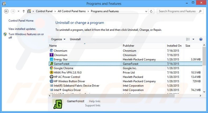 desinstalar el adware GamerForest del Panel de control