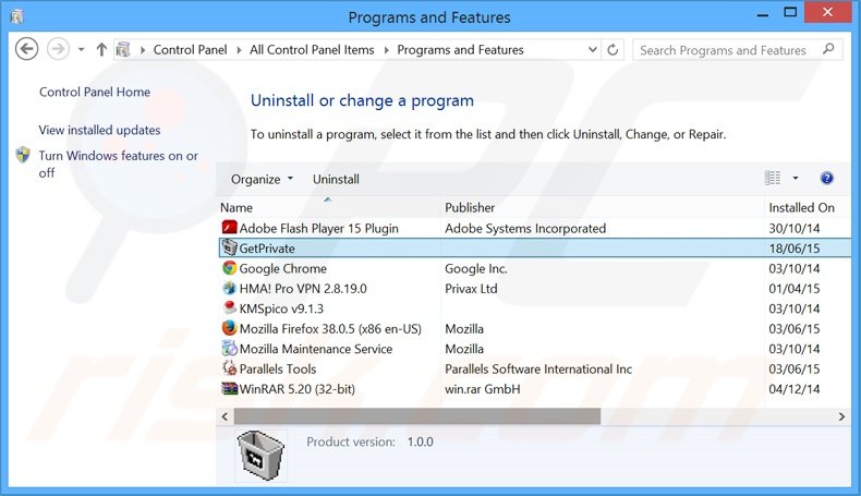 desinstalar el adware GetPrivate del Panel de control