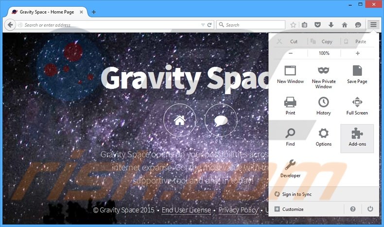 Eliminando los anuncios de Gravity Space de Mozilla Firefox paso 1