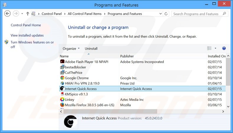 desinstalar el adware Internet Quick Access del Panel de control