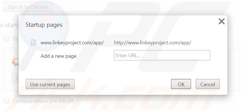 Eliminando linkeyproject.com de la página de inicio de Google Chrome