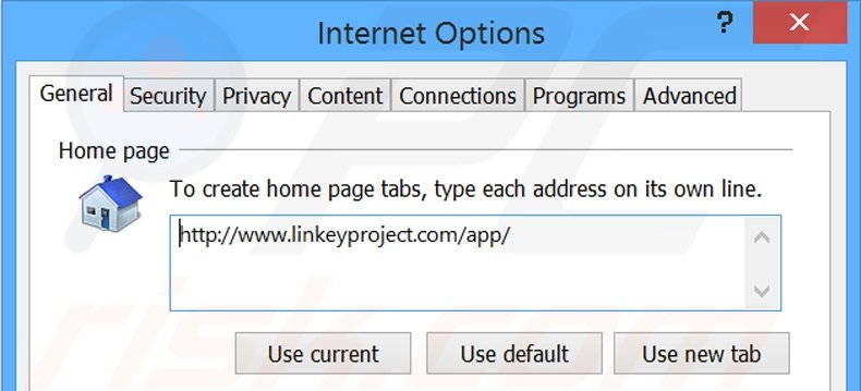 Eliminando linkeyproject.com de la página de inicio de Internet Explorer