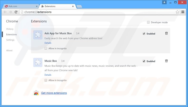 Eliminando las extensiones relacionadas con MusicBox de Google Chrome