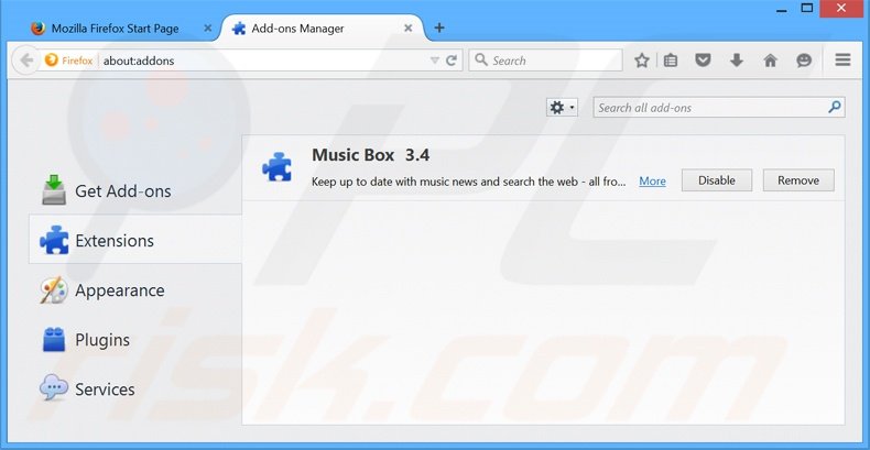 Eliminando MusicBox de las extensiones de Mozilla Firefox
