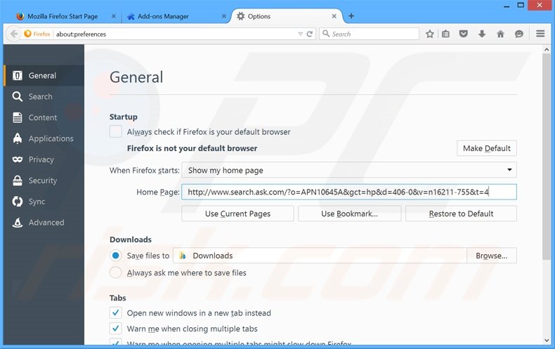 Eliminando MusicBox de la página de inicio de Mozilla Firefox
