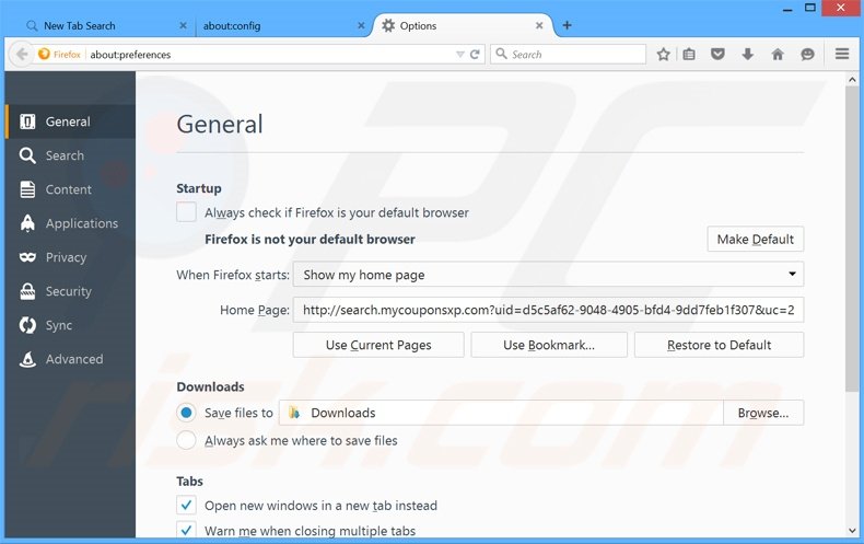 Eliminando search.mycouponsxp.com de la página de inicio de Mozilla Firefox