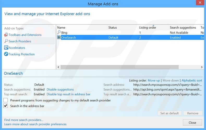 Eliminando search.mycouponsxp.com del motor de búsqueda por defecto de Internet Explorer